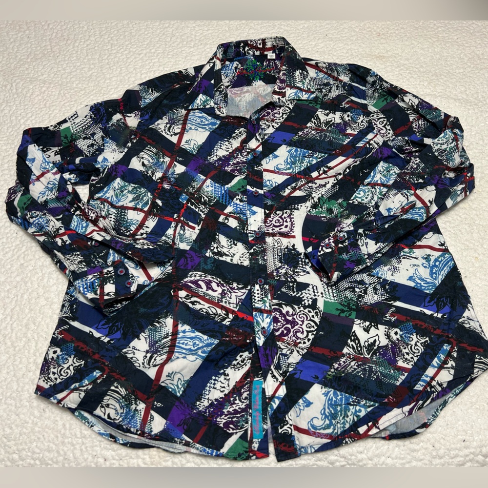 $198 Robert Graham Bassett L/S Blue Black Floral Print Button Up Shirt Men's XXL